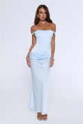 The After Party Off Shoulder Satin Maxi Dress Blue