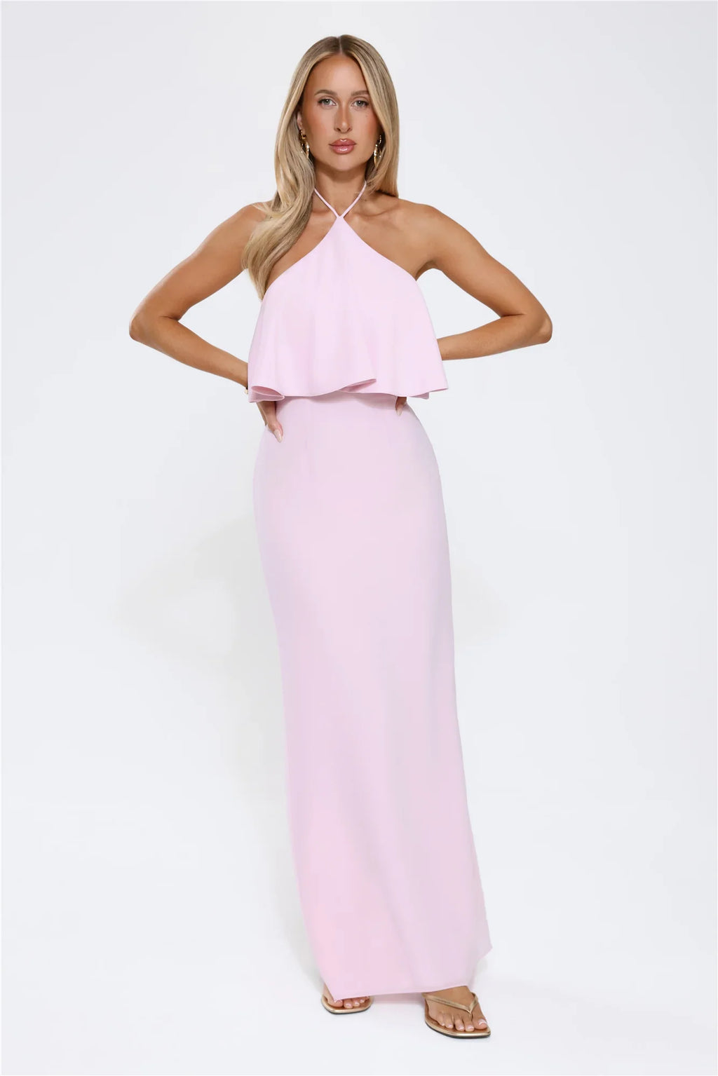 Silken Radiance Halter Maxi Dress Pink