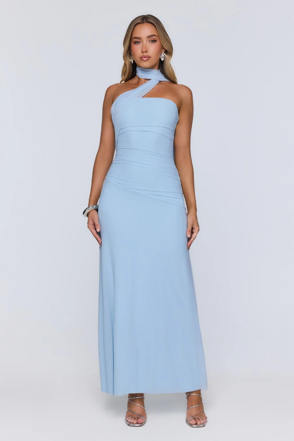 Evening Allure Mesh Strapless Maxi Dress Blue