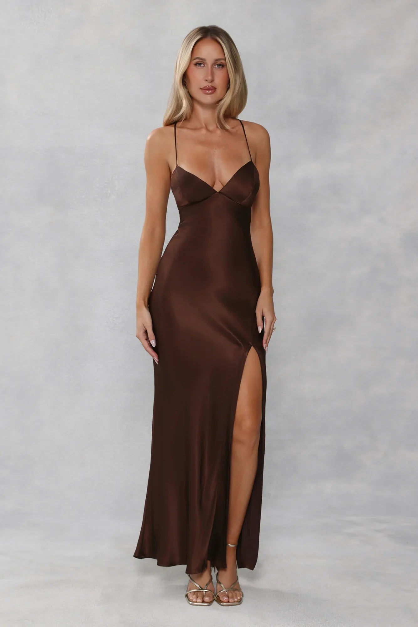 The Sophia Satin Maxi Dress Chocolate Brown