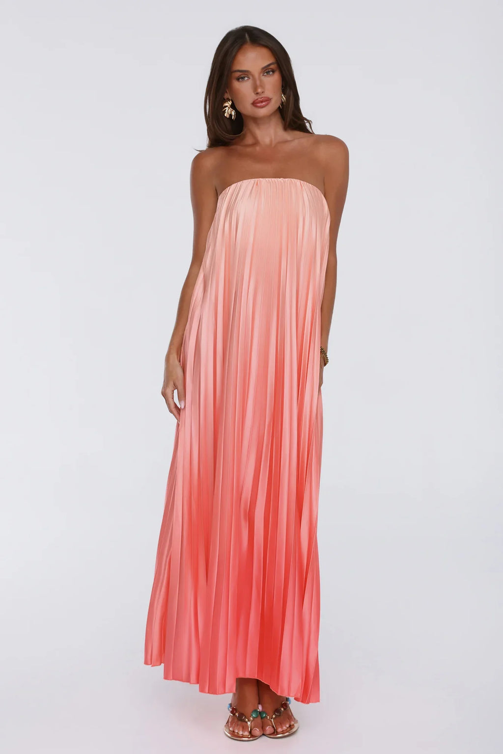 Warm Wishes Strapless Satin Pleated Maxi Dress Peach
