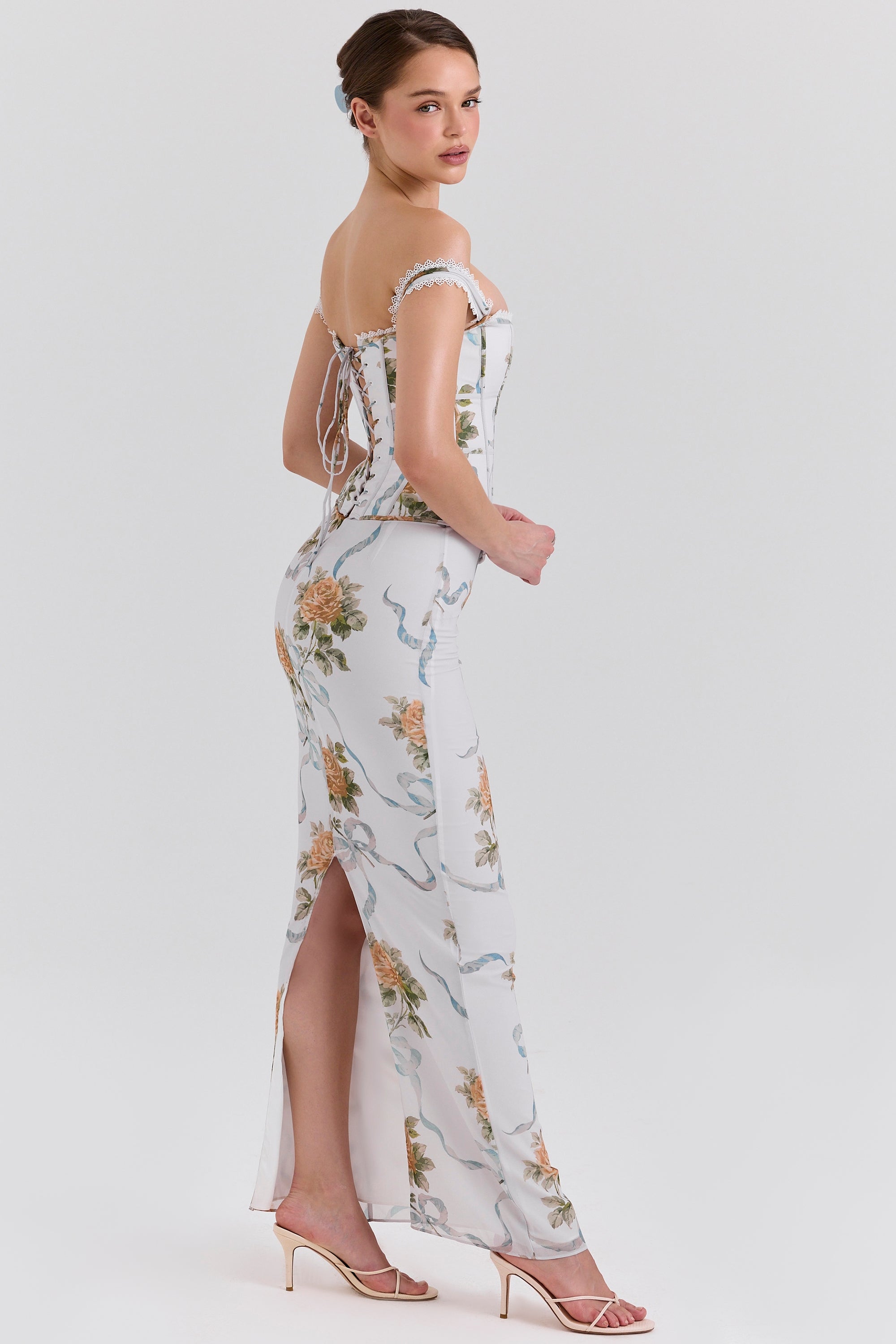 soft blue vintage print corset maxi dress
