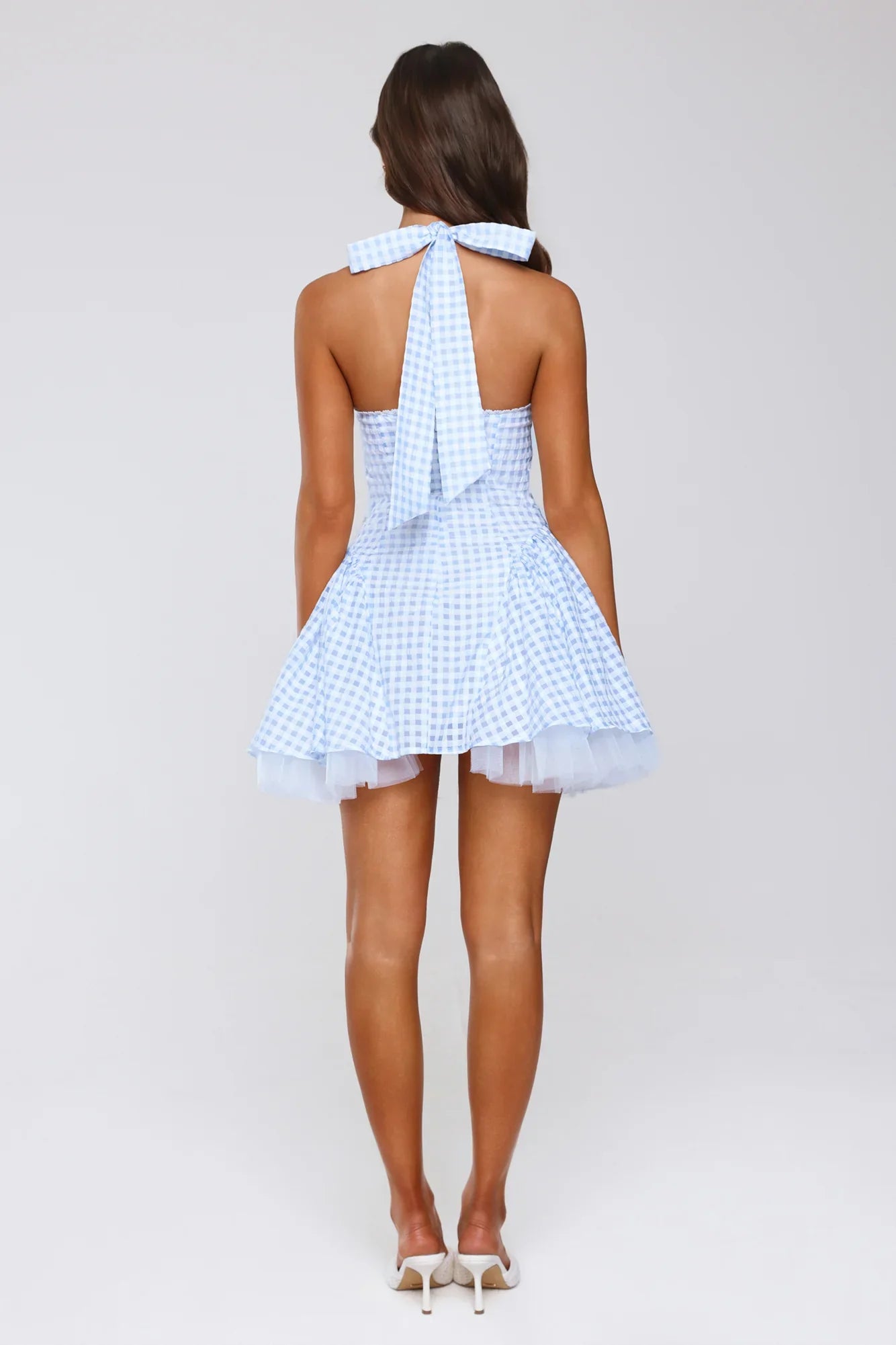 Enchanted Lily Gingham Halter Mini Dress Blue