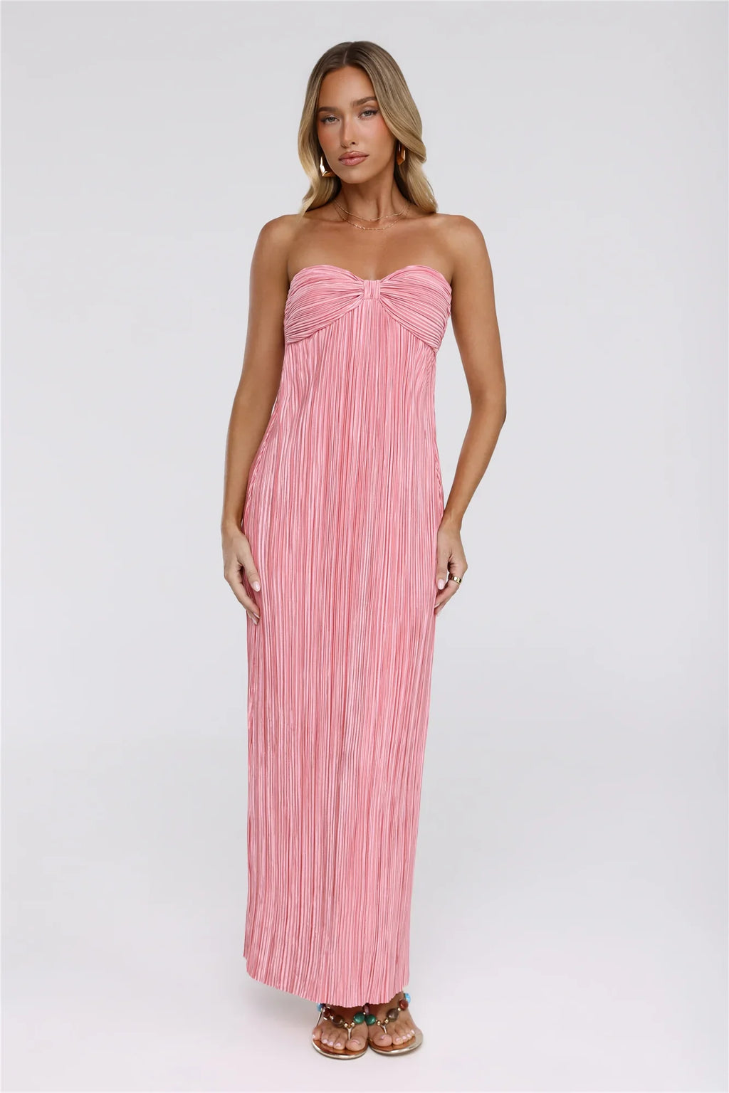 The Pretty Way Plisse Strapless Maxi Dress Pink