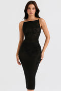 black mesh crystal embellished midi dress