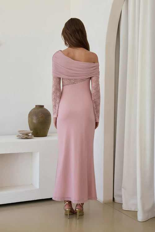 Camille Off Shoulder Mesh Maxi Dress Pink