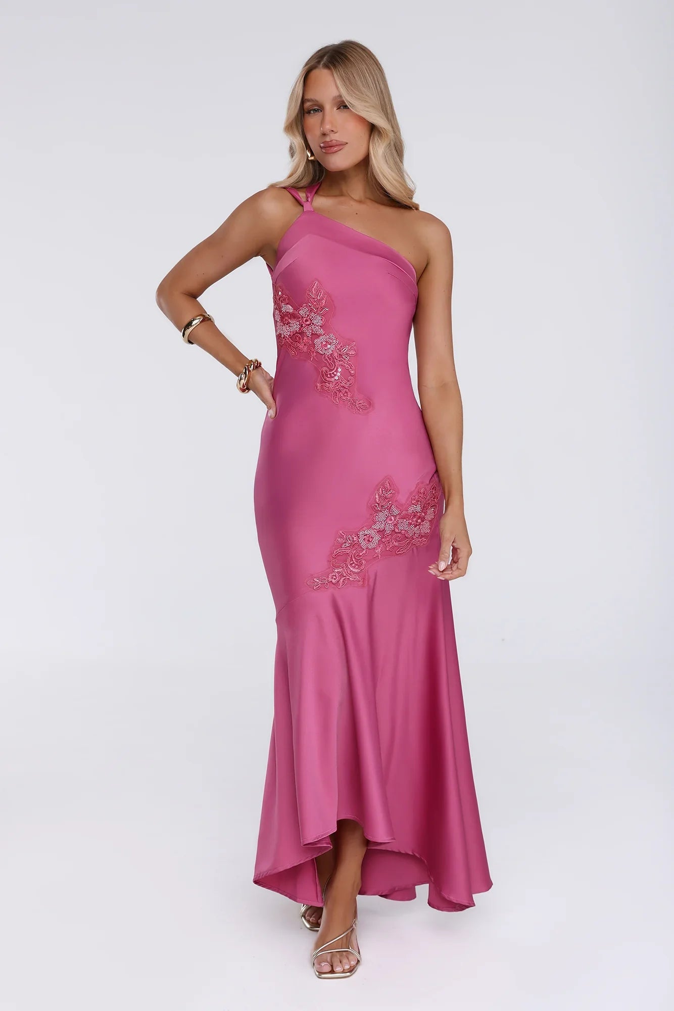 Jelly Glow One Shoulder Satin Maxi Dress Rose