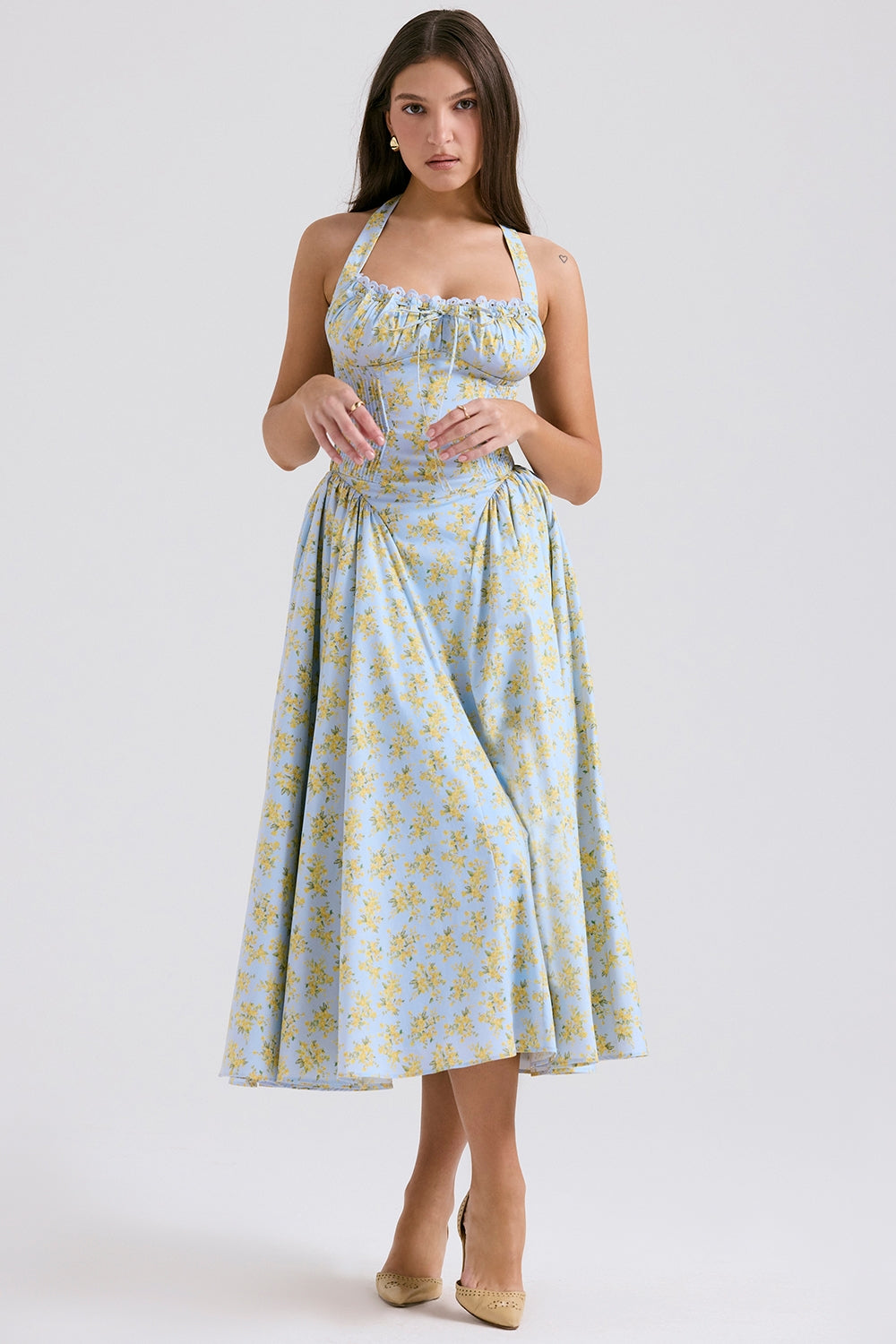 soft blue vintage floral print cotton halter sundress
