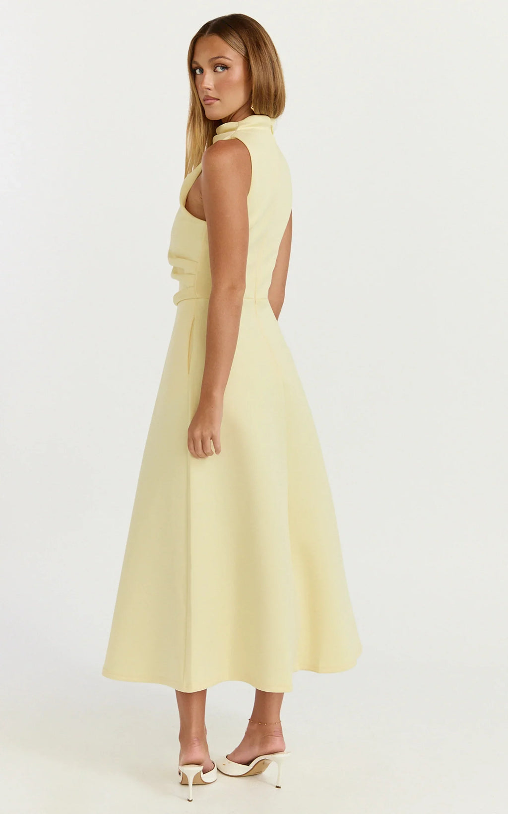 Macy Midi Dress - High Neck A Line Dress in Lemon