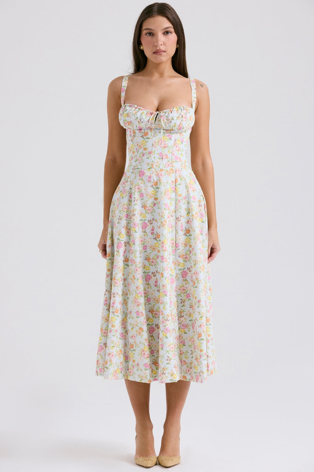 pale blue meadow print cotton bustier sundress