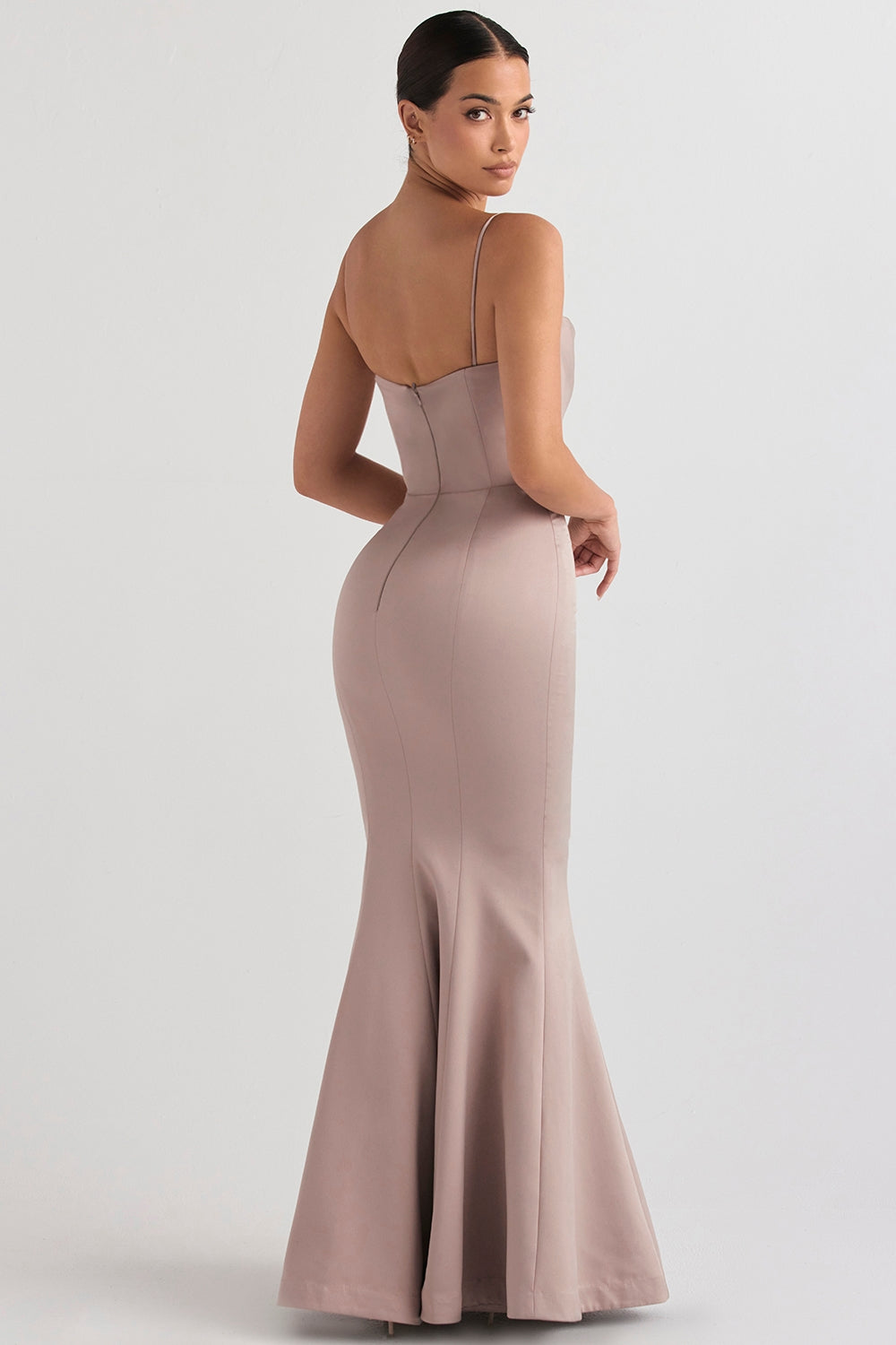 mushroom satin fishtail gown
