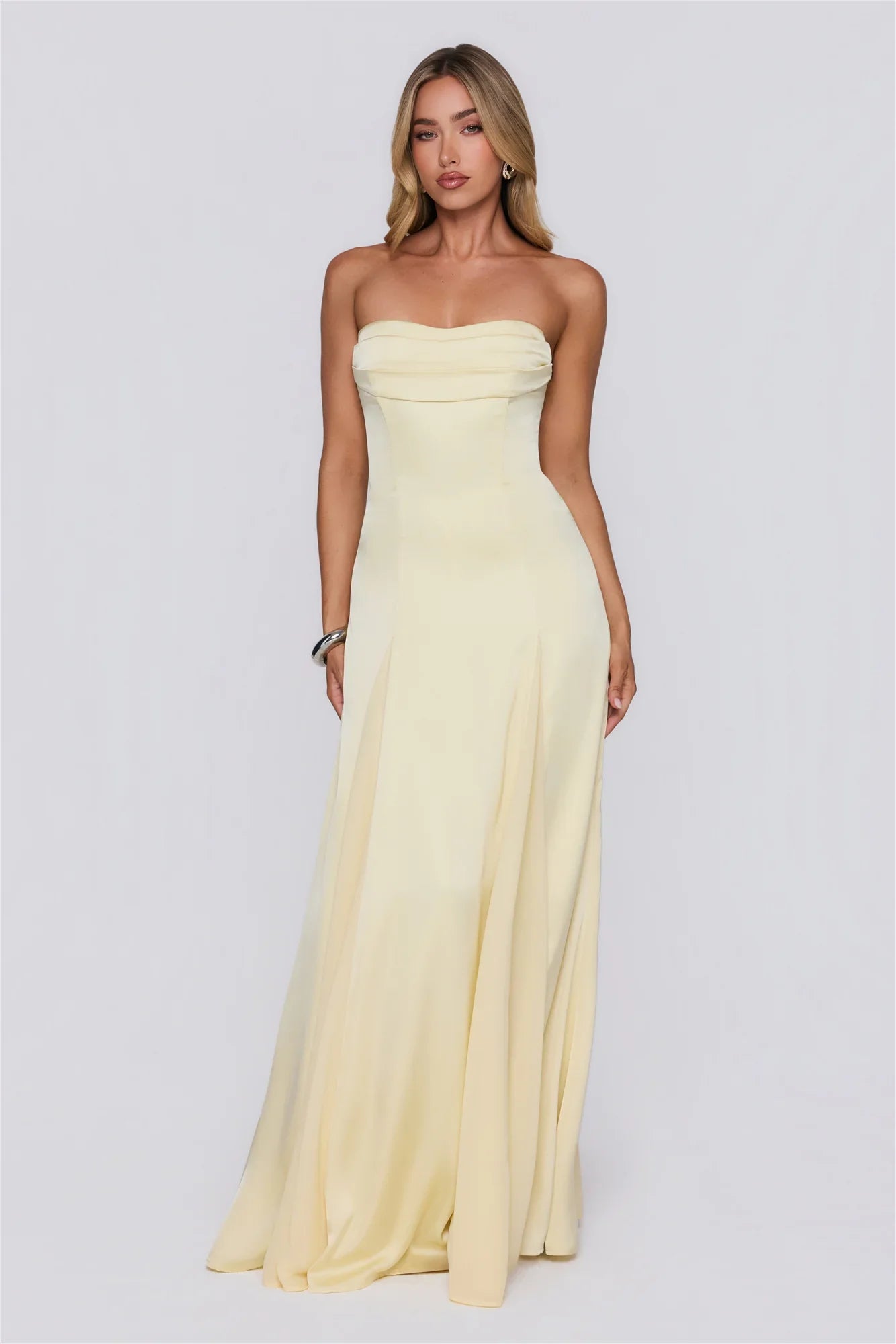 Moment Of Class Strapless Satin Maxi Dress Lemon