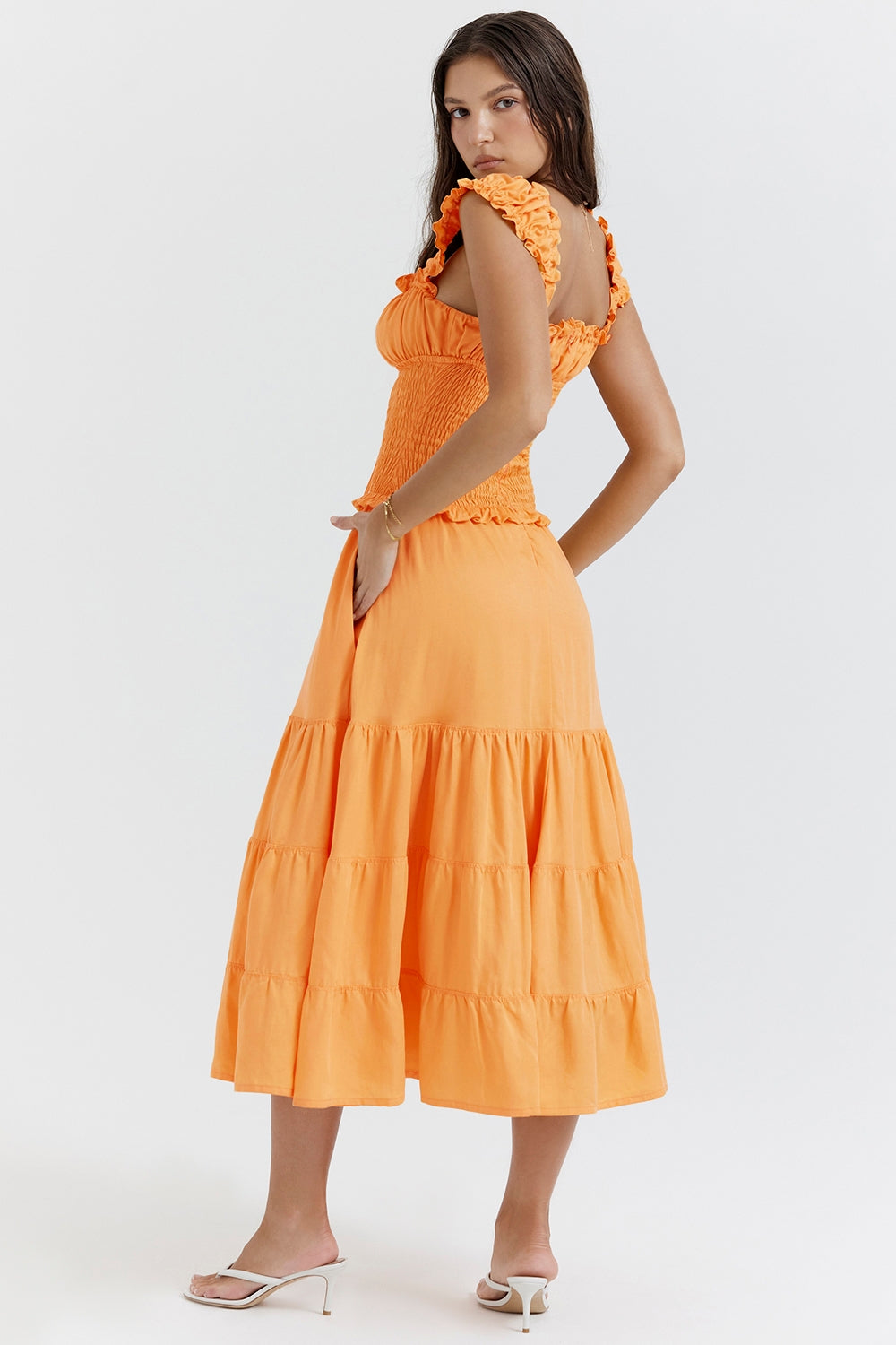 tangerine shirred sundress