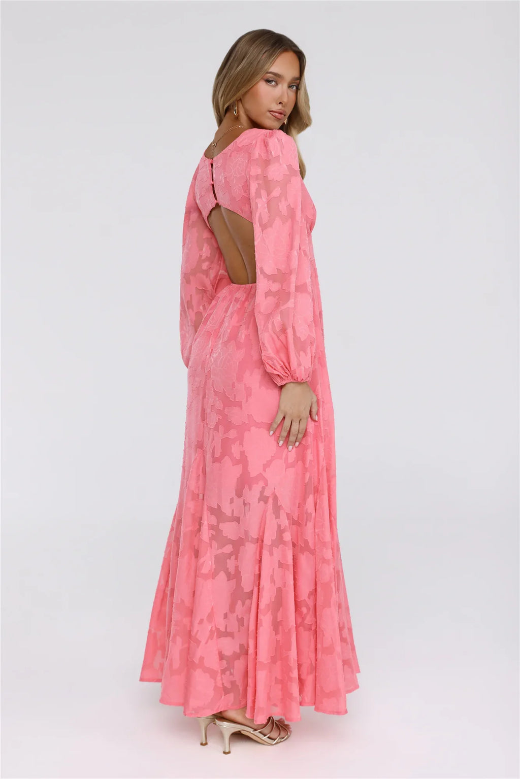 Glow Blossom Long Sleeve Maxi Dress Coral