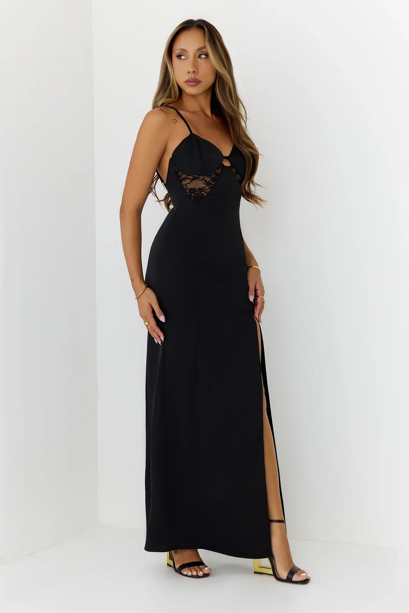 Satin Lace Nights Maxi Dress Black