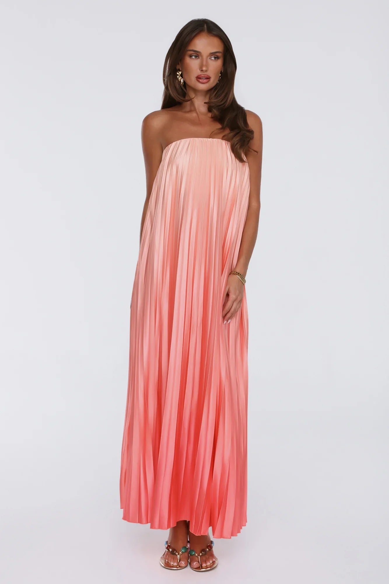 Warm Wishes Strapless Satin Pleated Maxi Dress Peach