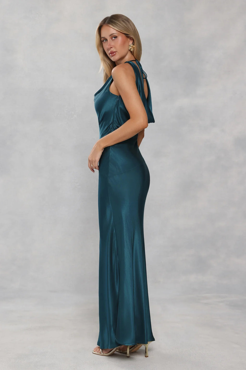 The Loretta Cowl Satin Maxi Dress Teal