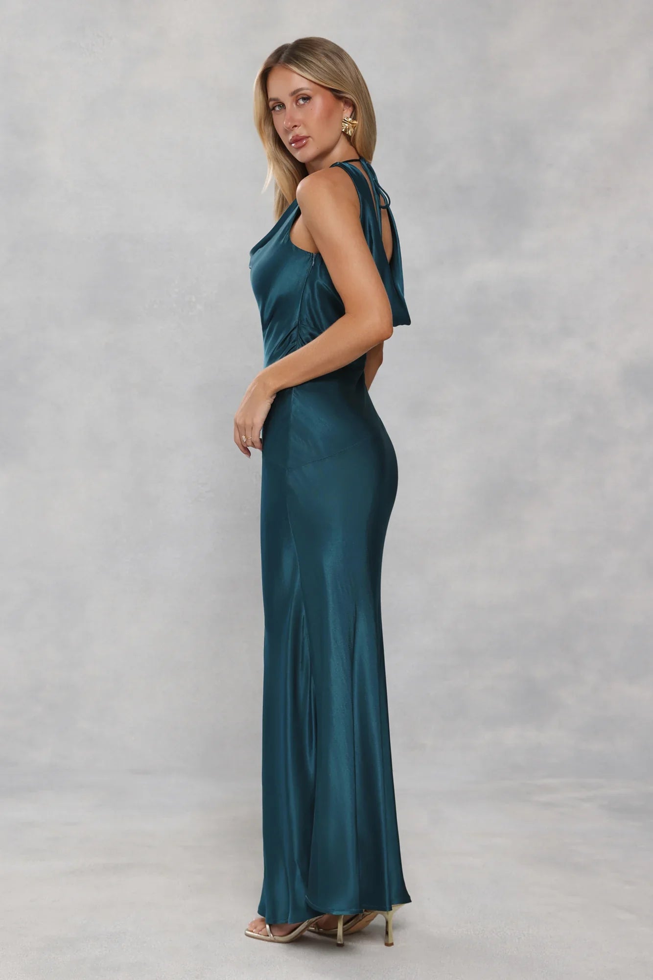 The Loretta Cowl Satin Maxi Dress Teal