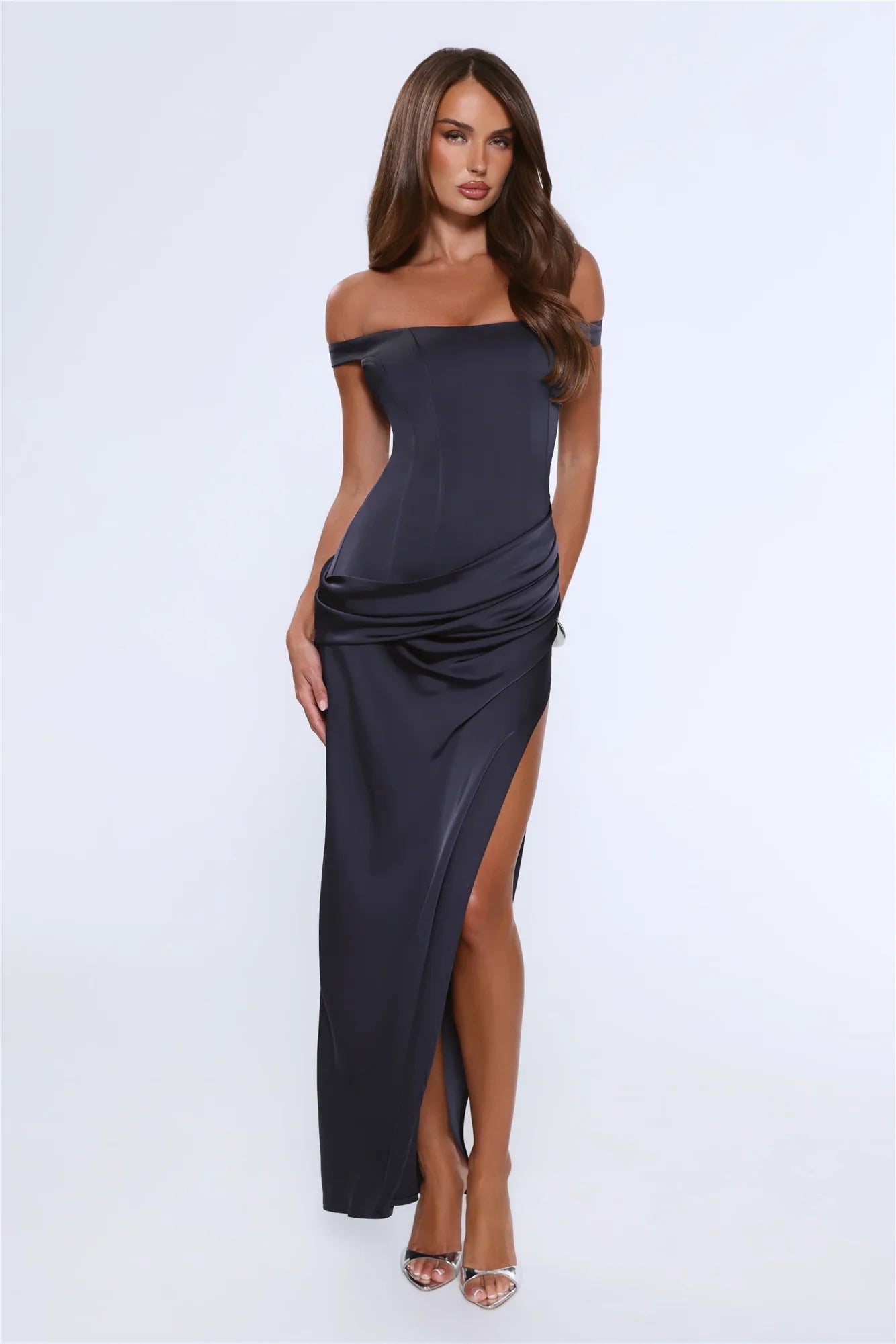 The After Party Off Shoulder Satin Maxi Dress Navy