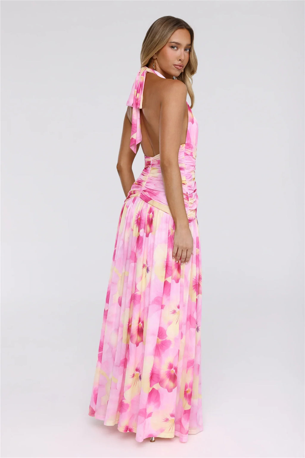 Darlingly Done Halter Mesh Maxi Dress Pink