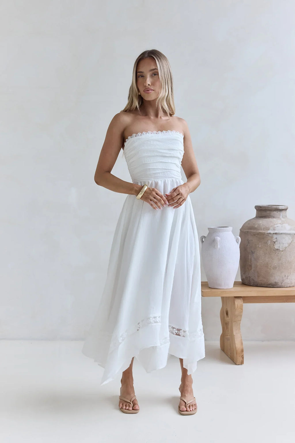 Lucia Strapless Midi Dress White