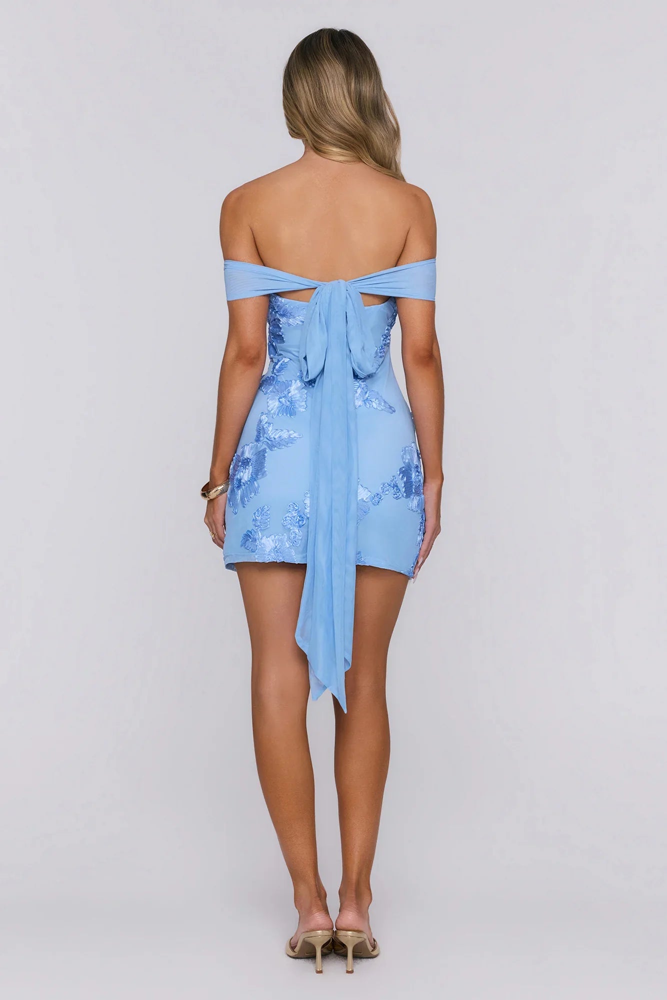 Saltwater Sonata Off Shoulder Mesh Mini Dress Blue
