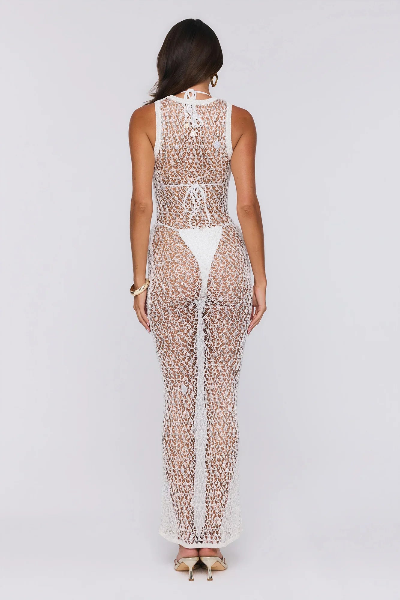 Main Event Ready Crochet Pearl Sheer Maxi Dress Cream