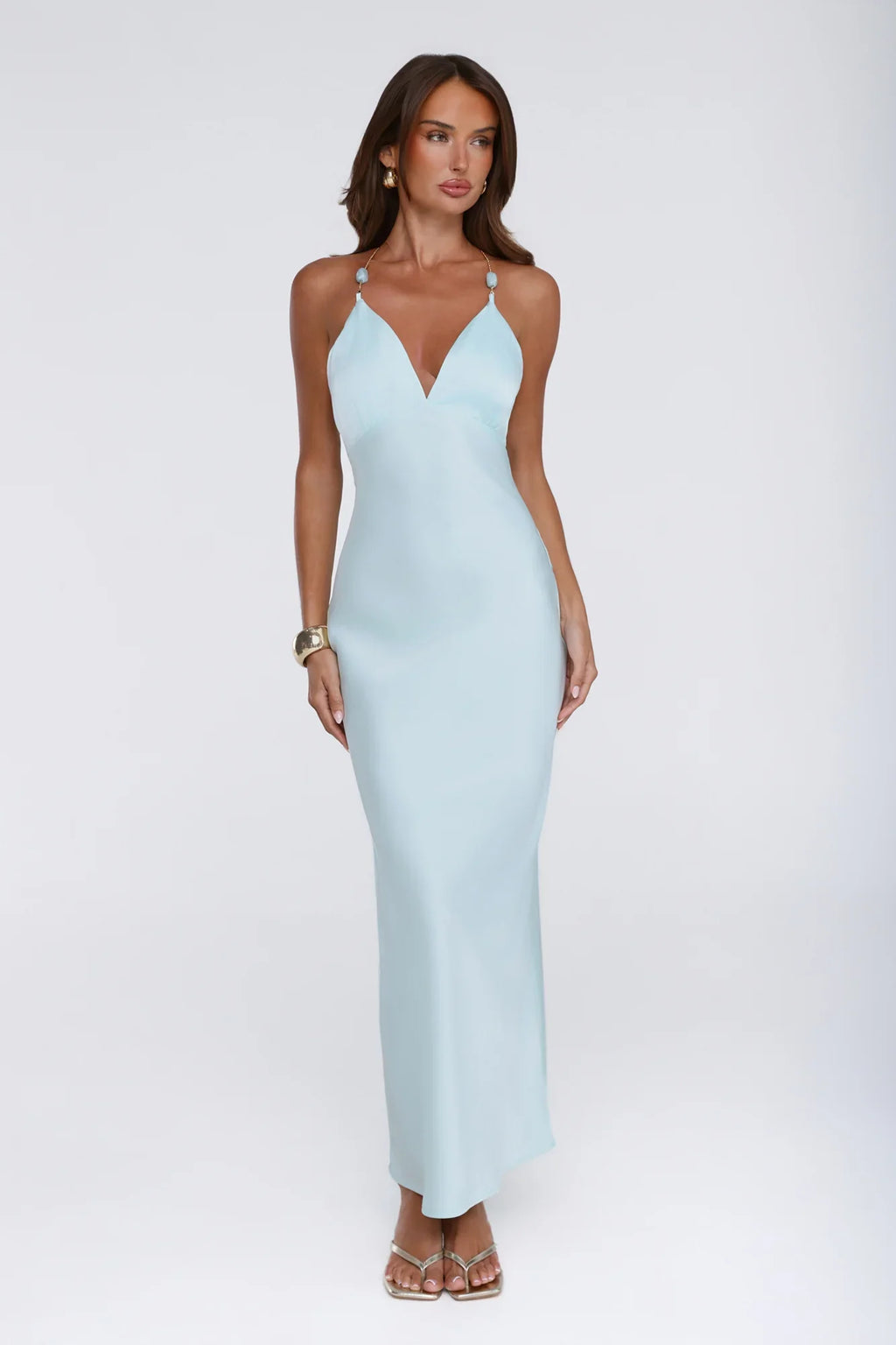 Pearl Indulgence Satin Maxi Dress Aqua