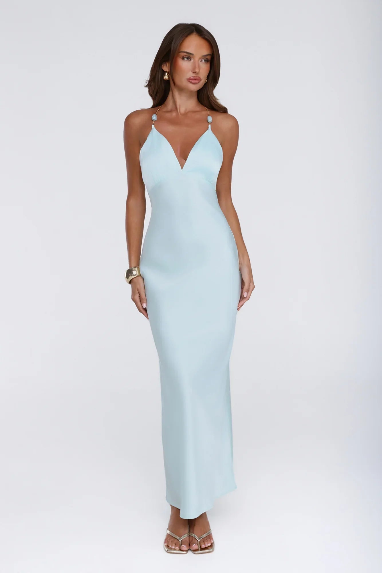 Pearl Indulgence Satin Maxi Dress Aqua