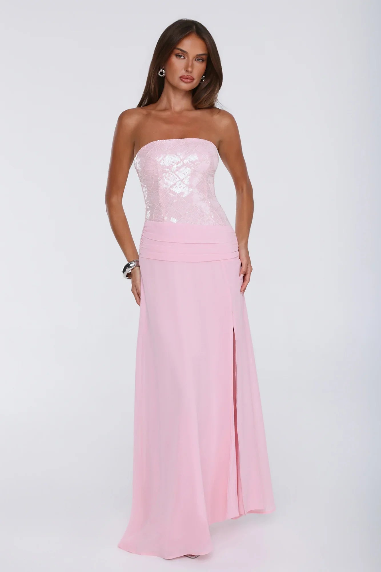Shine Into Midnight Strapless Sequin Maxi Dress Pink