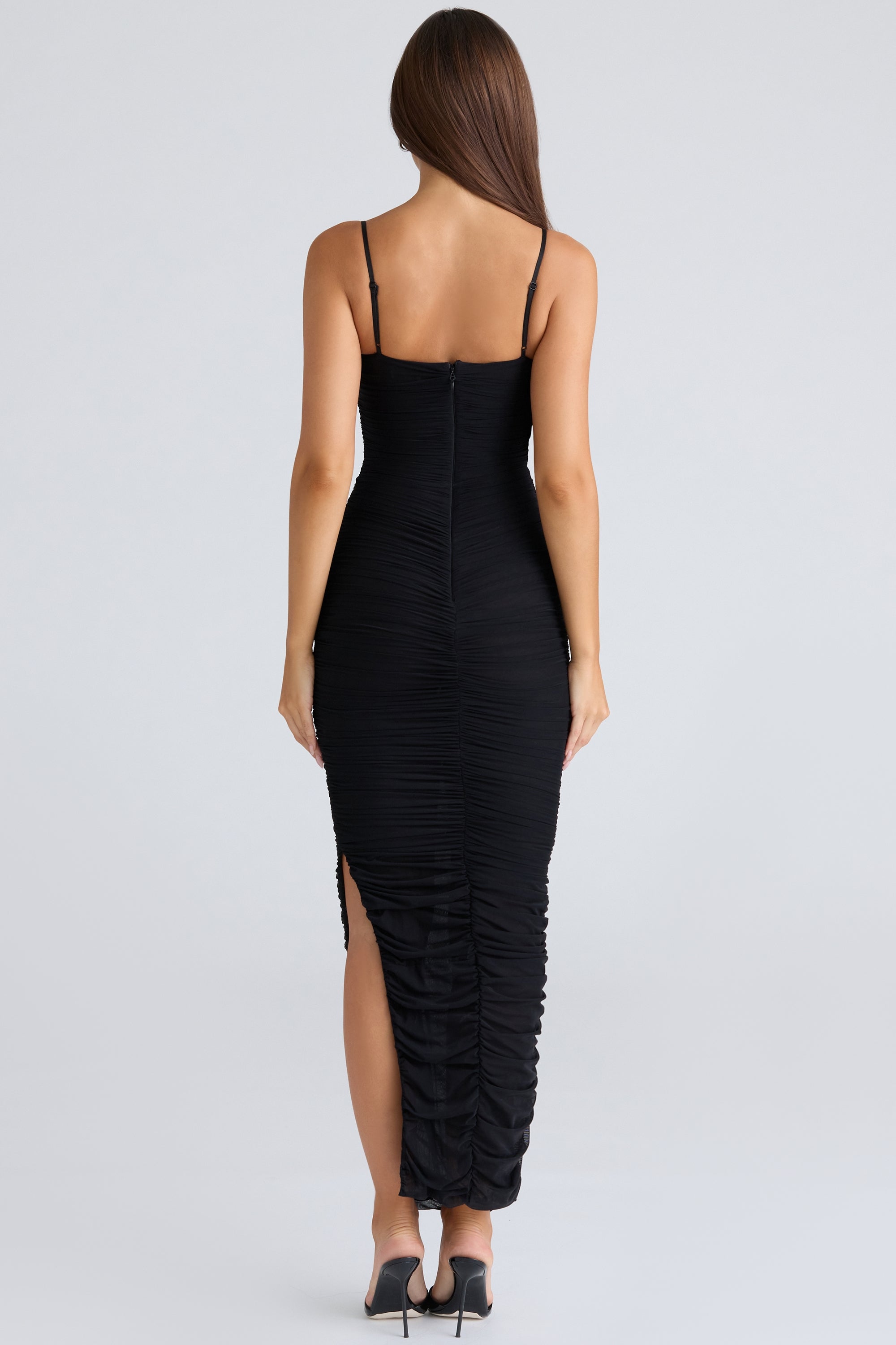 black gathered stretch mesh maxi dress