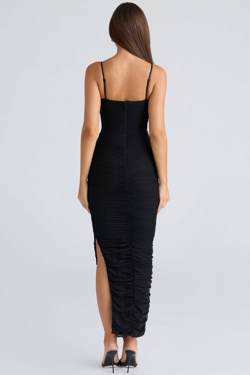 black gathered stretch mesh maxi dress