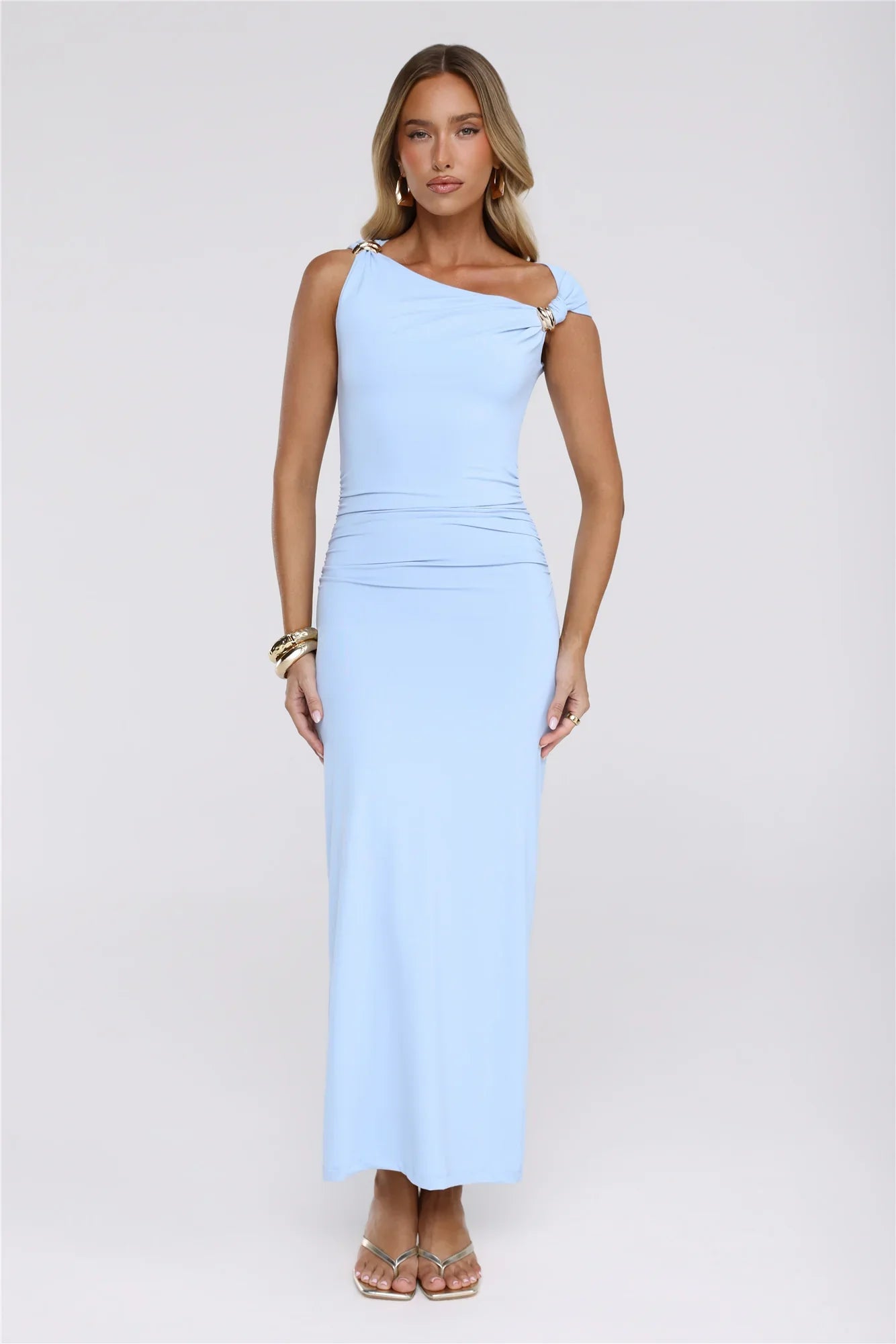Chic Dreams Await Off Shoulder Maxi Dress Blue