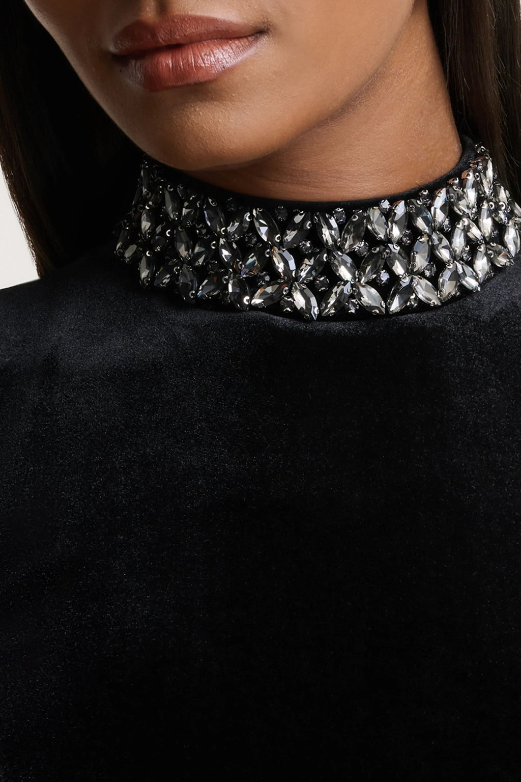 Margot | Black High-Neck Velvet Mini Dress With Embellished Detail