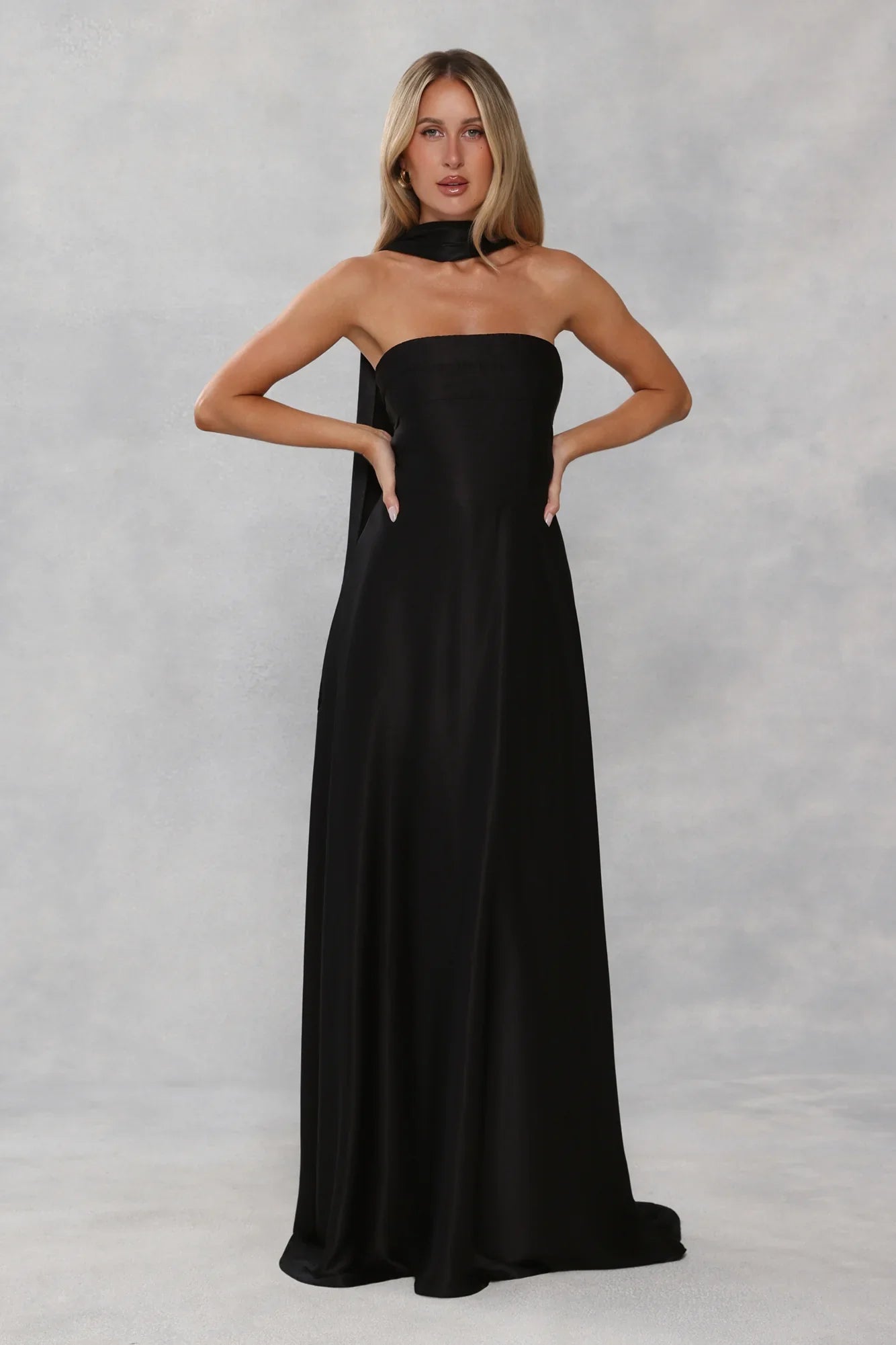 The Serina Strapless Satin Maxi Dress Black