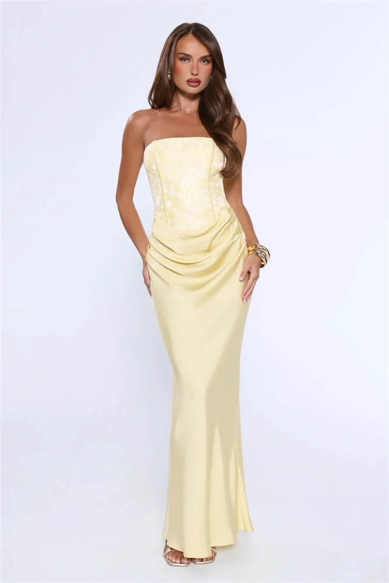 Dressed To Dazzle Strapless Satin Maxi Dress Yellow
