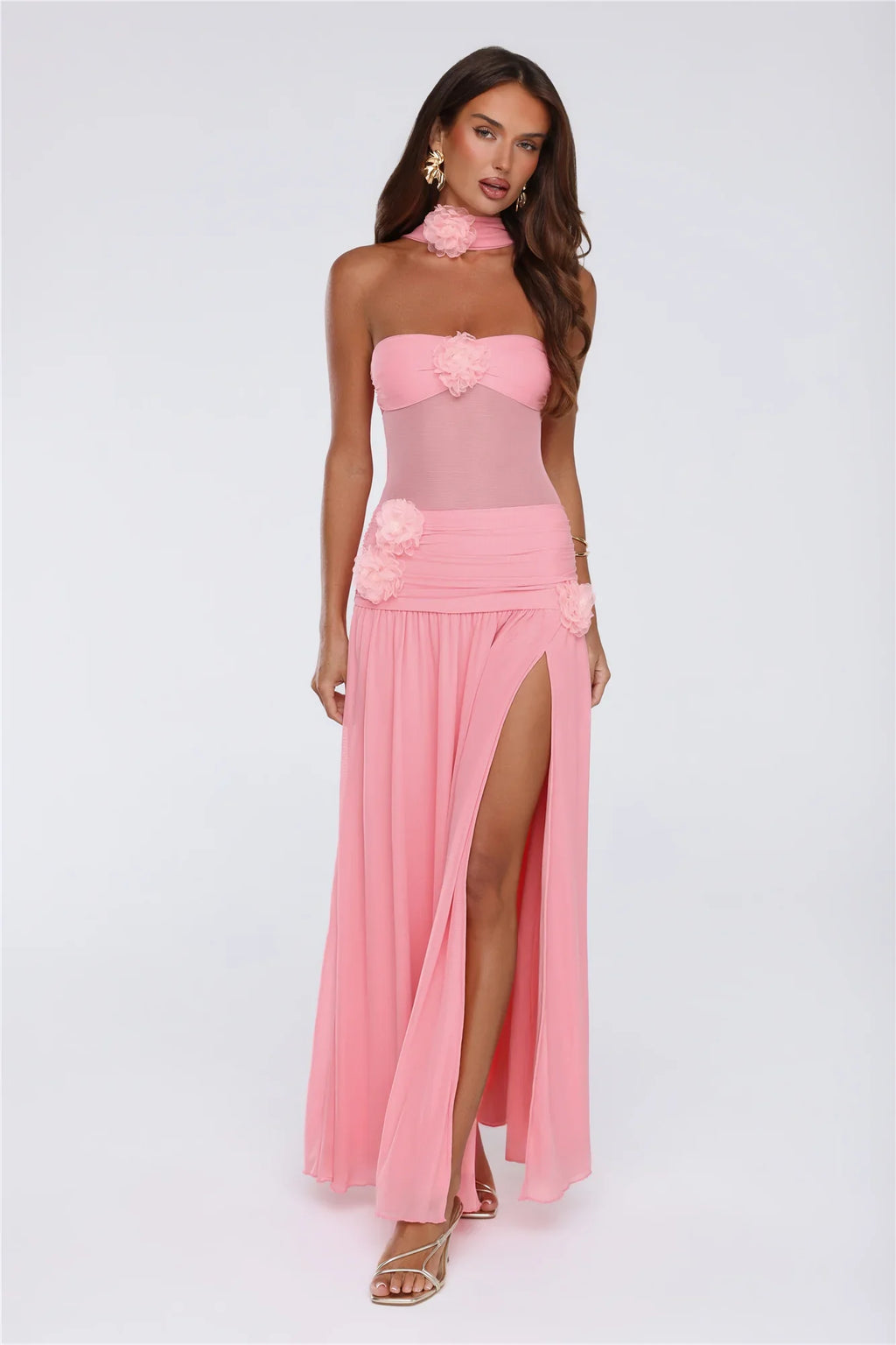 Island Allure Mesh Strapless Maxi Dress Pink