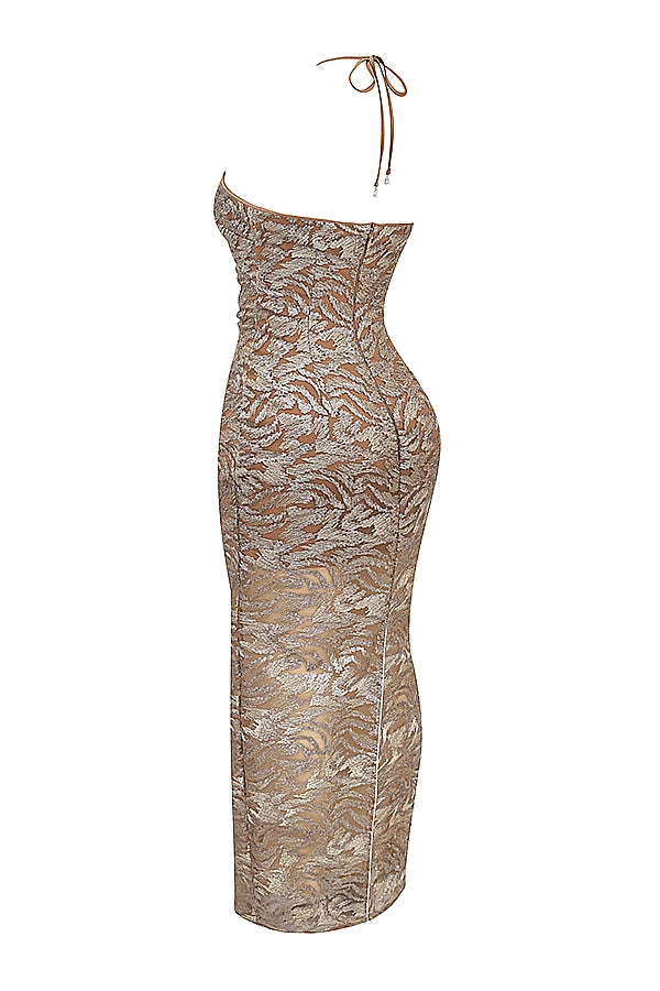 rose gold embroidered sequinned gown