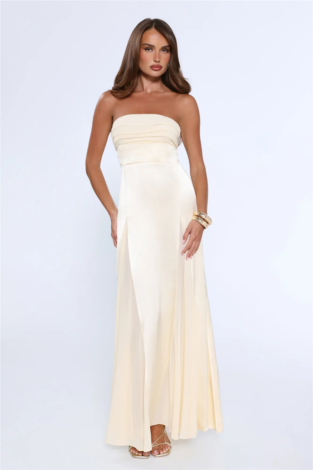 Statement Shine Strapless Satin Maxi Dress Yellow