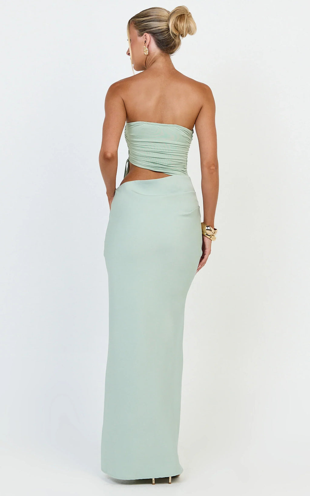 Fergie Maxi Dress - Strapless Side Ruched Cut Out Fitted Dress in Sage