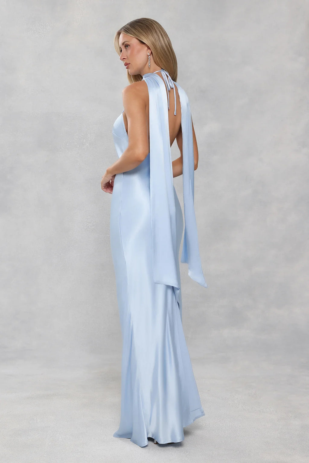 The Vivia Halter Satin Maxi Dress Light Blue