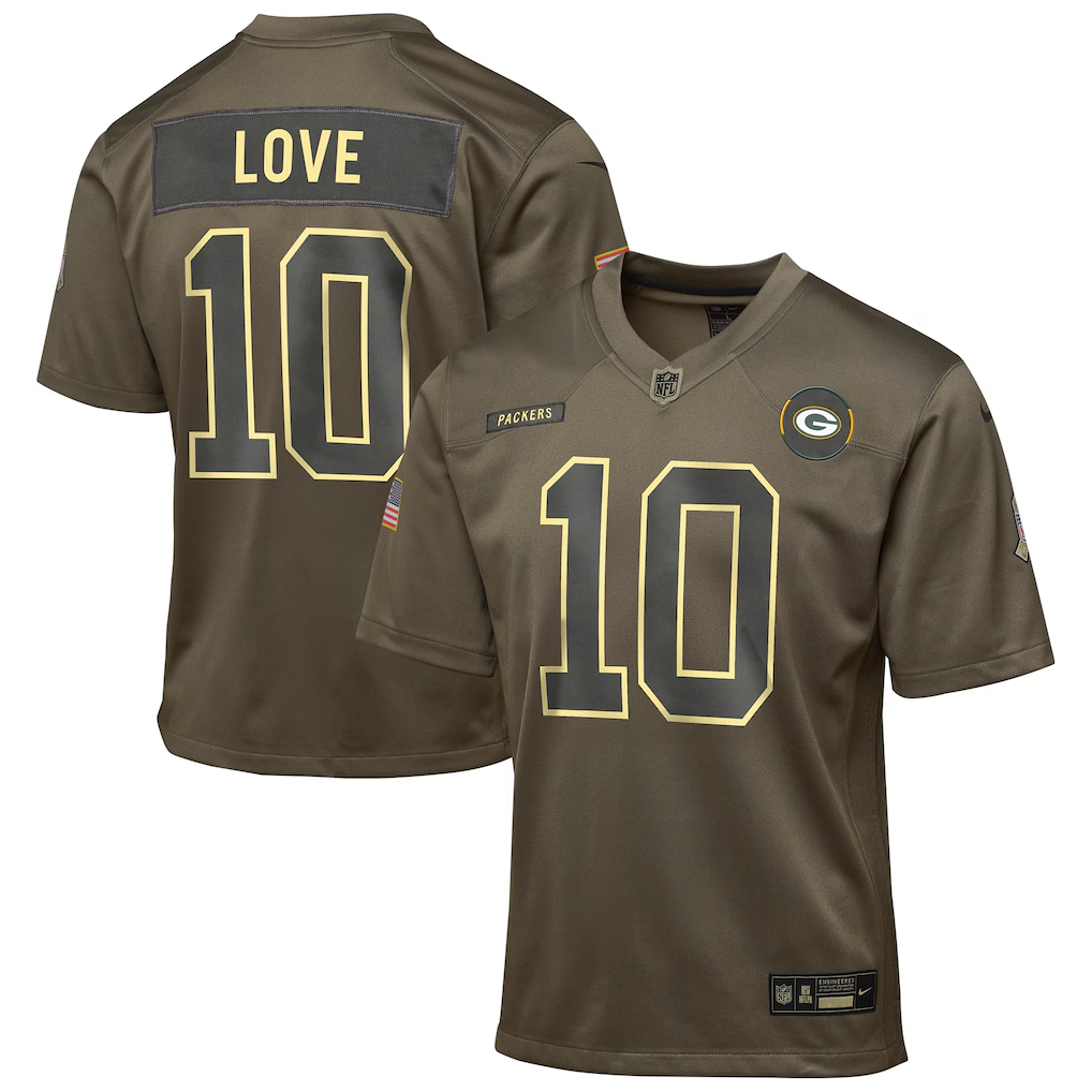 Youth Green Bay Packers Jordan Love Nike Olive 2025 Salute to Service Game Jersey