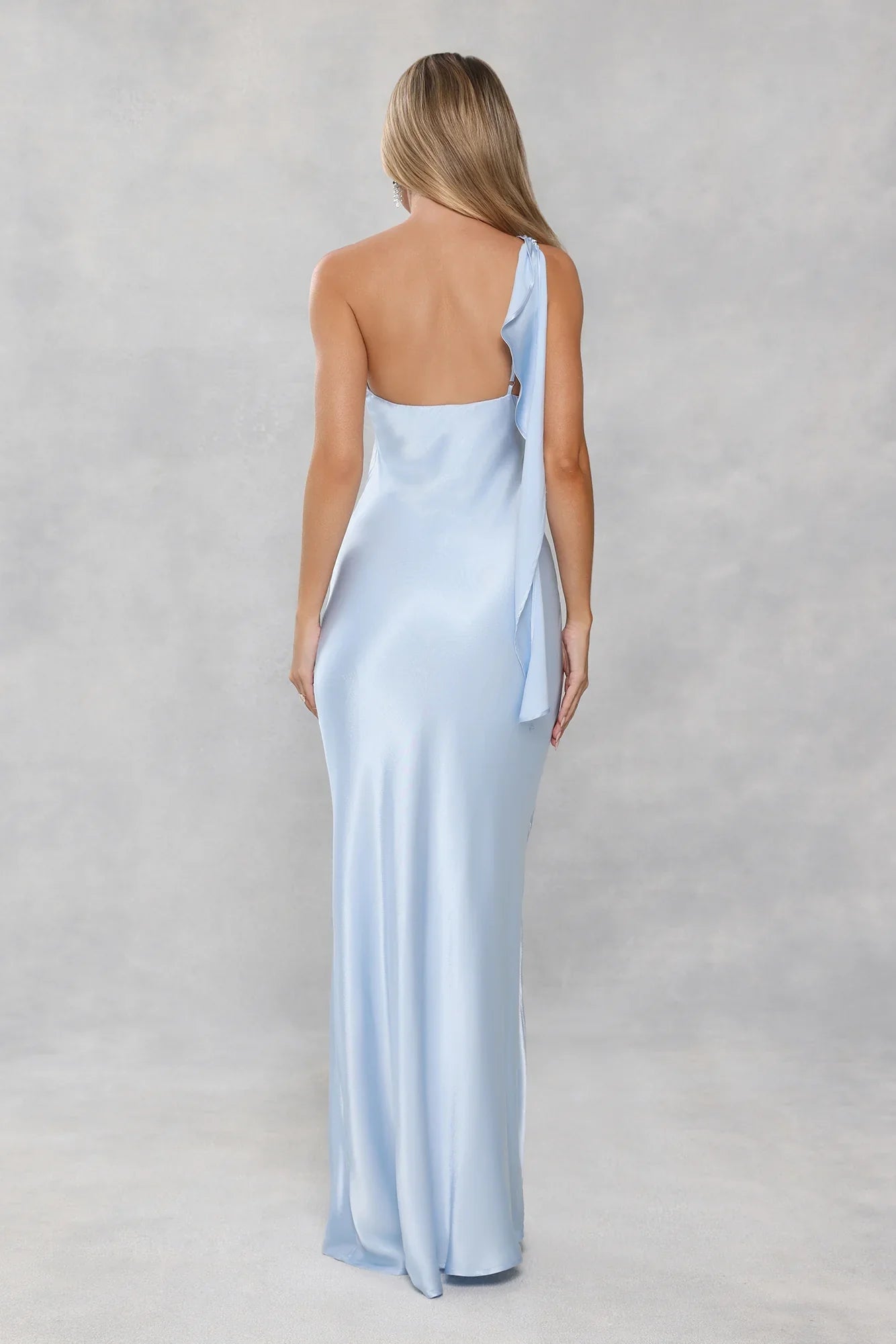 The Zafira One Shoulder Satin Maxi Dress Light Blue