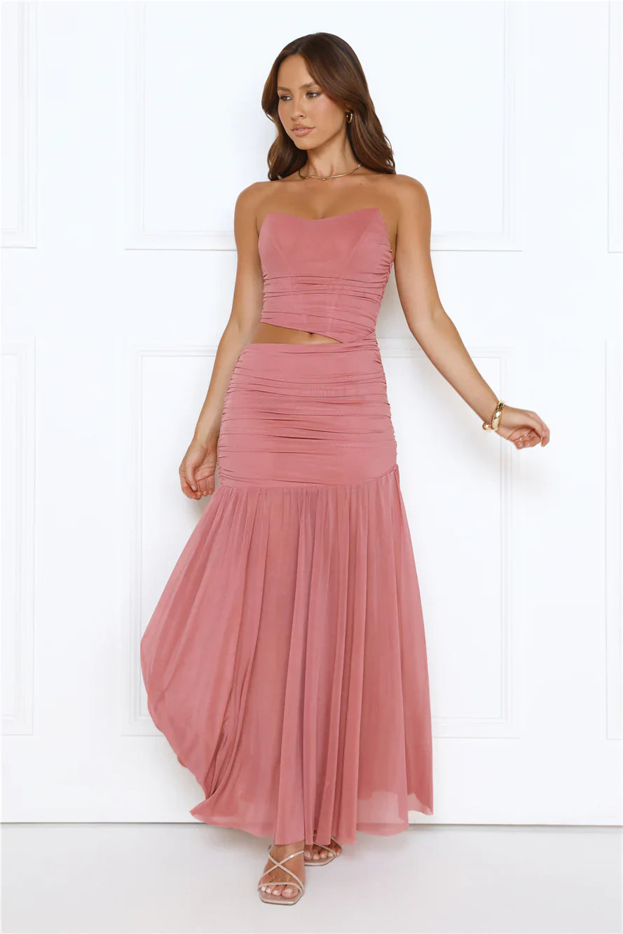 Champagne Glow Strapless Maxi Dress Rose