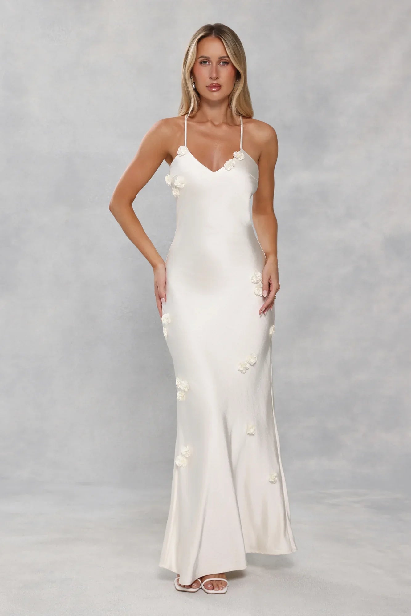 Honeyed Petals Satin Maxi Dress Cream