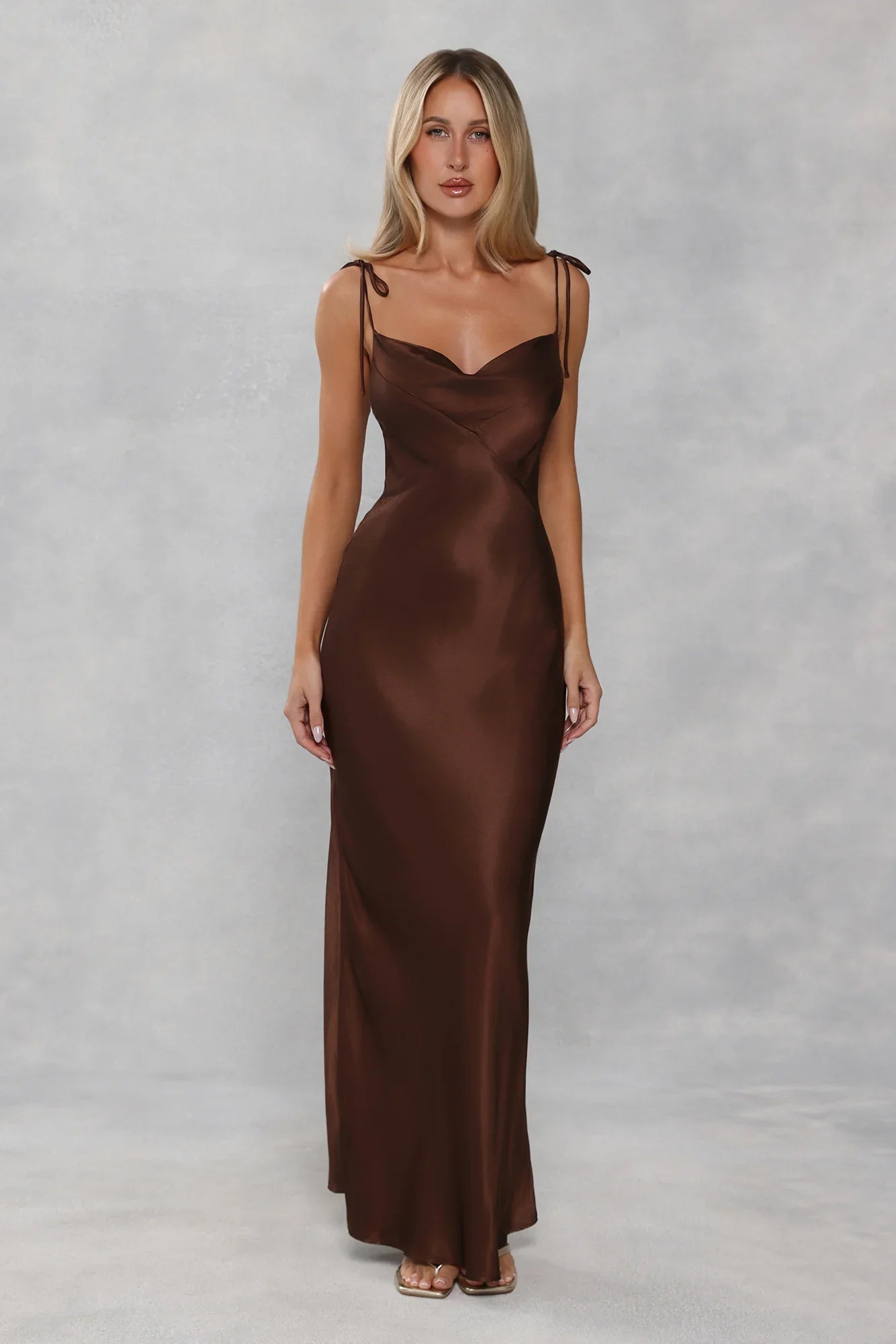 The Penelope Cowl Satin Maxi Dress Chocolate Brown