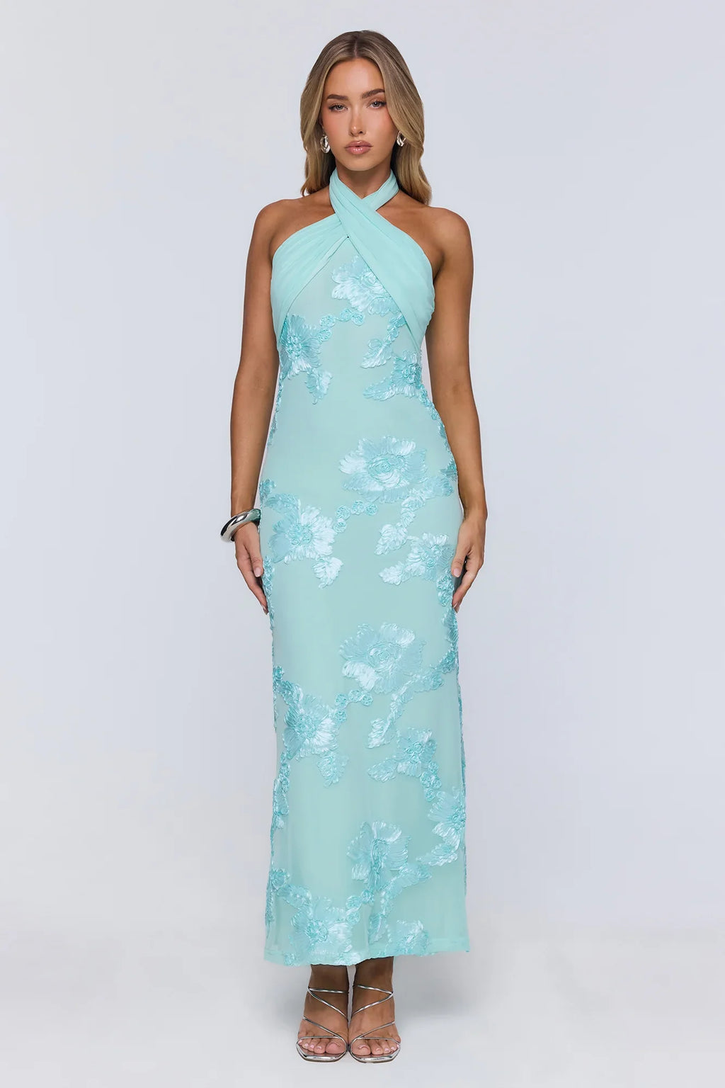 Sun Club Energy Mesh Halter Maxi Dress Aqua