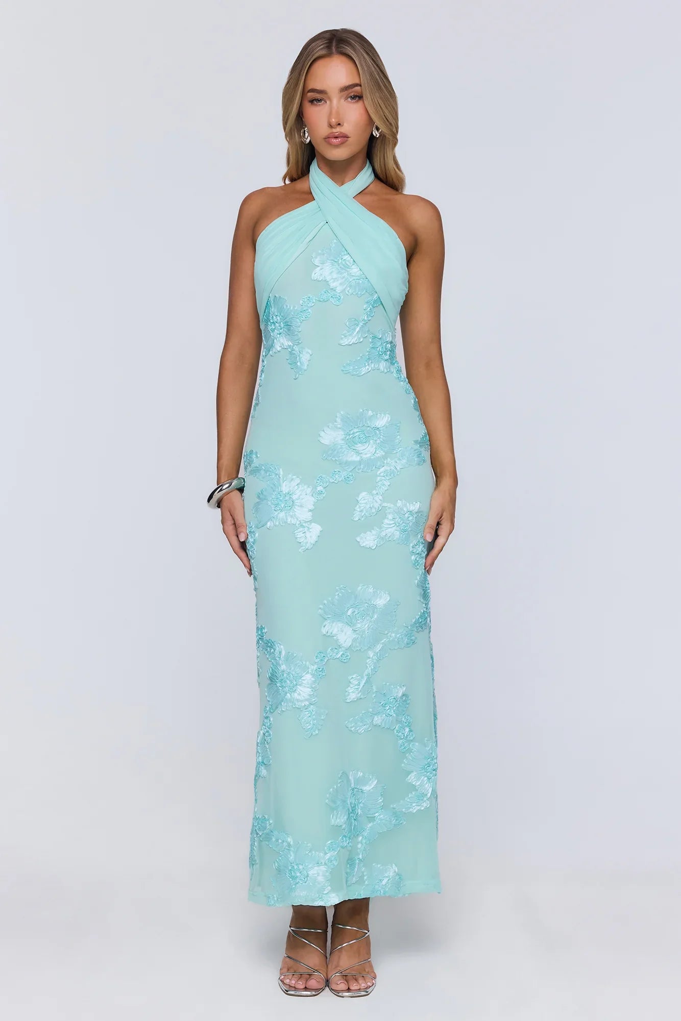 Sun Club Energy Mesh Halter Maxi Dress Aqua