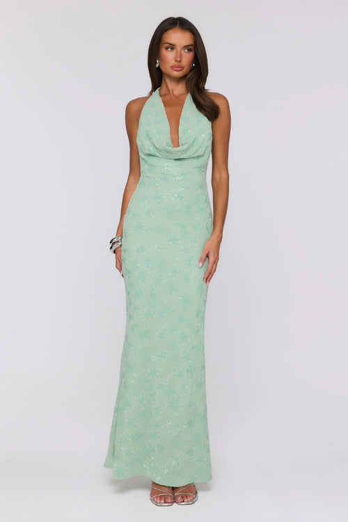 Bling It Babe Beaded Halter Maxi Dress Sage