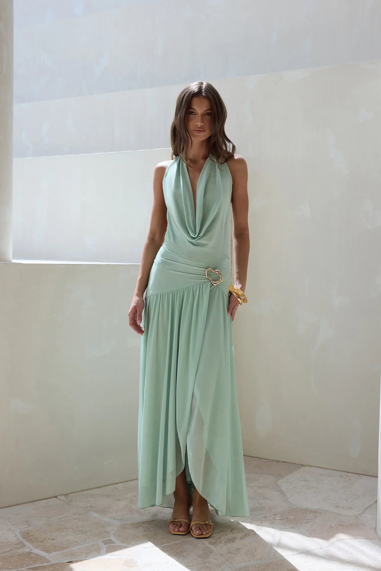 Floating Clouds Halter Mesh Maxi Dress Sage